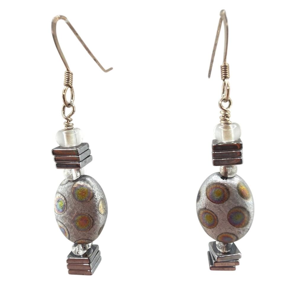 NEW Handcrafted Artisan Czech Glass and Hematite Rainbow Circle Earrings